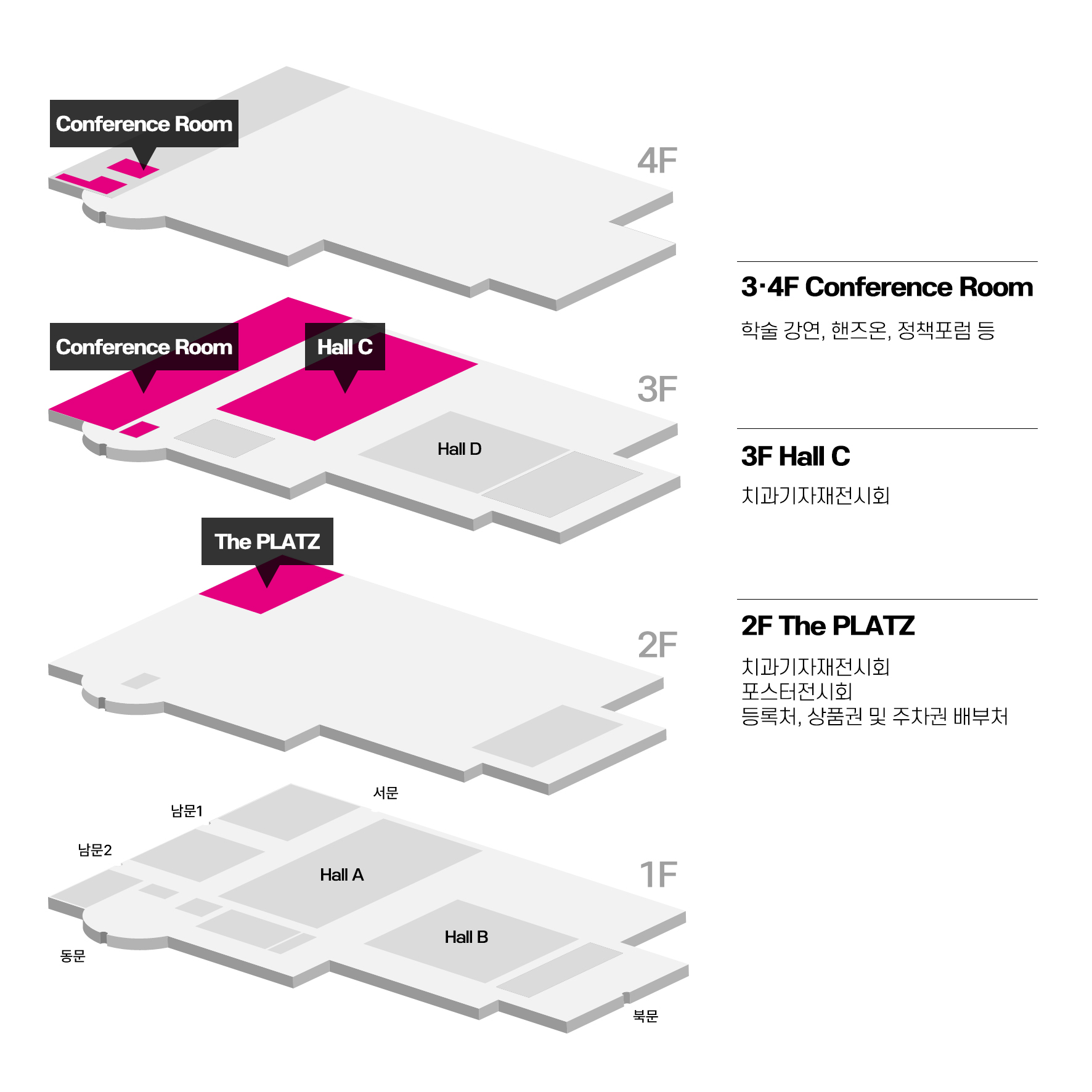 3층4층 Conference Room 학술강연, 핸즈온, 정책포럼 등 , 3F Hall C 치과기자재전시회 , 2F The PLATZ 치가기자재전시회